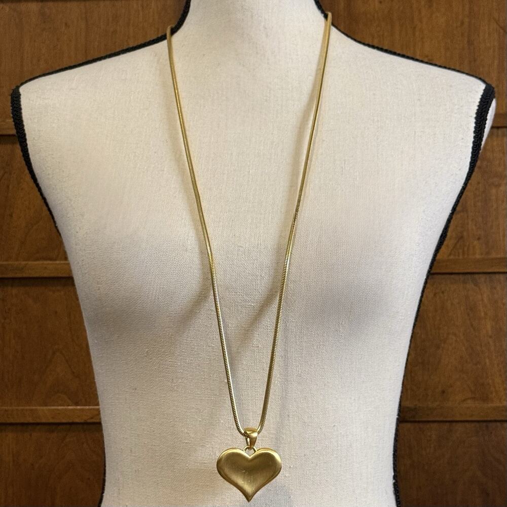 VTG Ann Klein Gold Plate Puffy Heart Pendant Long Snake Chain Necklace 35” - Picture 3 of 10